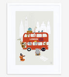 LONDON - Barnaffisch - Londonbuss och djur